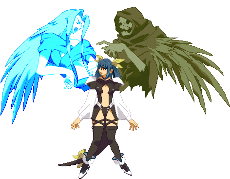 animated gif of Dizzy, Necro, and Undine from Guilty Gear arguing